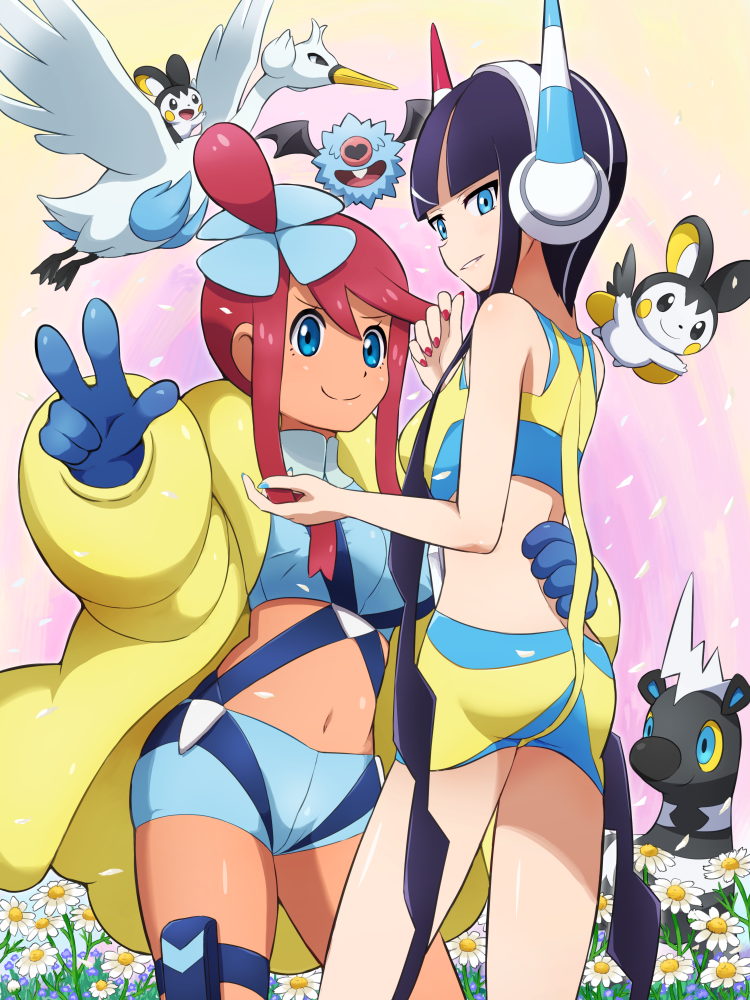 2girls, arm_around_waist, bangs, black_hair, blitzle, blue_eyes, blue_gloves, blue_nails