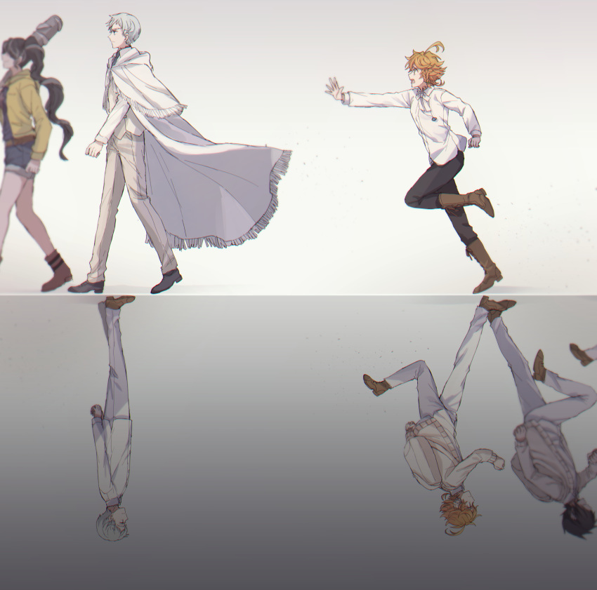 2boys, 2girls, ahoge, arms_behind_back, backpack, bag, bangs, barbara_(yakusoku_no_neverland)