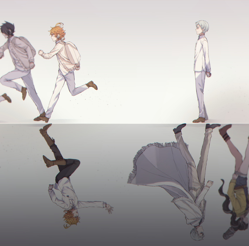2boys, 2girls, ahoge, arms_behind_back, backpack, bag, bangs, barbara_(yakusoku_no_neverland), black_footwear, black_hair, black_pants, blurry, boots, brown_legwear, cardigan, cloak, closed_mouth, collar, collared_shirt, commentary_request, emma_(yakusoku_no_neverland), from_side, full_body, grey_background, grey_eyes, grey_hair, hair_over_one_eye, highres, leather, leather_boots, long_sleeves, looking_at_another, looking_away, mirror_image, mirrored, multiple_boys, multiple_girls, norman_(yakusoku_no_neverland), open_mouth, orange_hair, pants, ponytail, ray_(yakusoku_no_neverland), running, shidomura, shirt, shoelaces, shoes, short_hair, shorts, simple_background, smile, standing, uniform, upside-down, walking, white_backpack, white_cardigan, white_cloak, white_pants, white_shirt, yakusoku_no_neverland