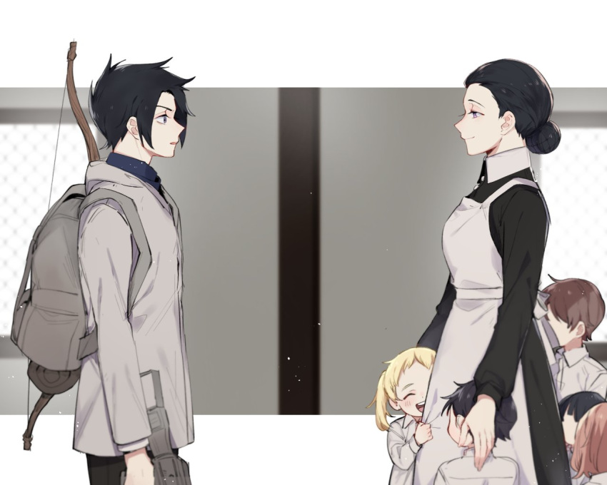 apron, backpack, bag, bangs, black_dress, black_hair, black_pants, blonde_hair