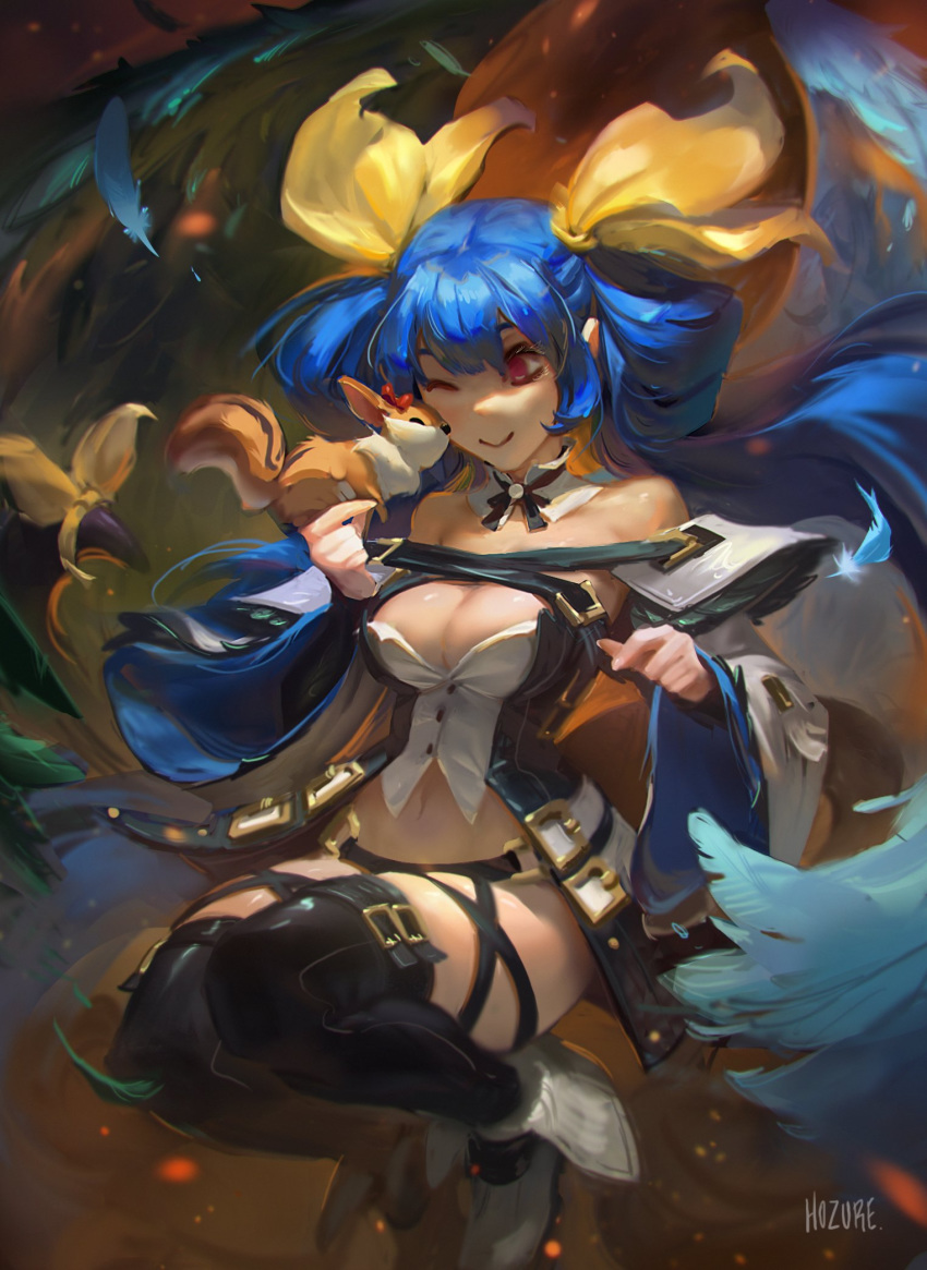 1girl, artist_name, asymmetrical_wings, belt, black_legwear, black_panties, blue_hair, breasts