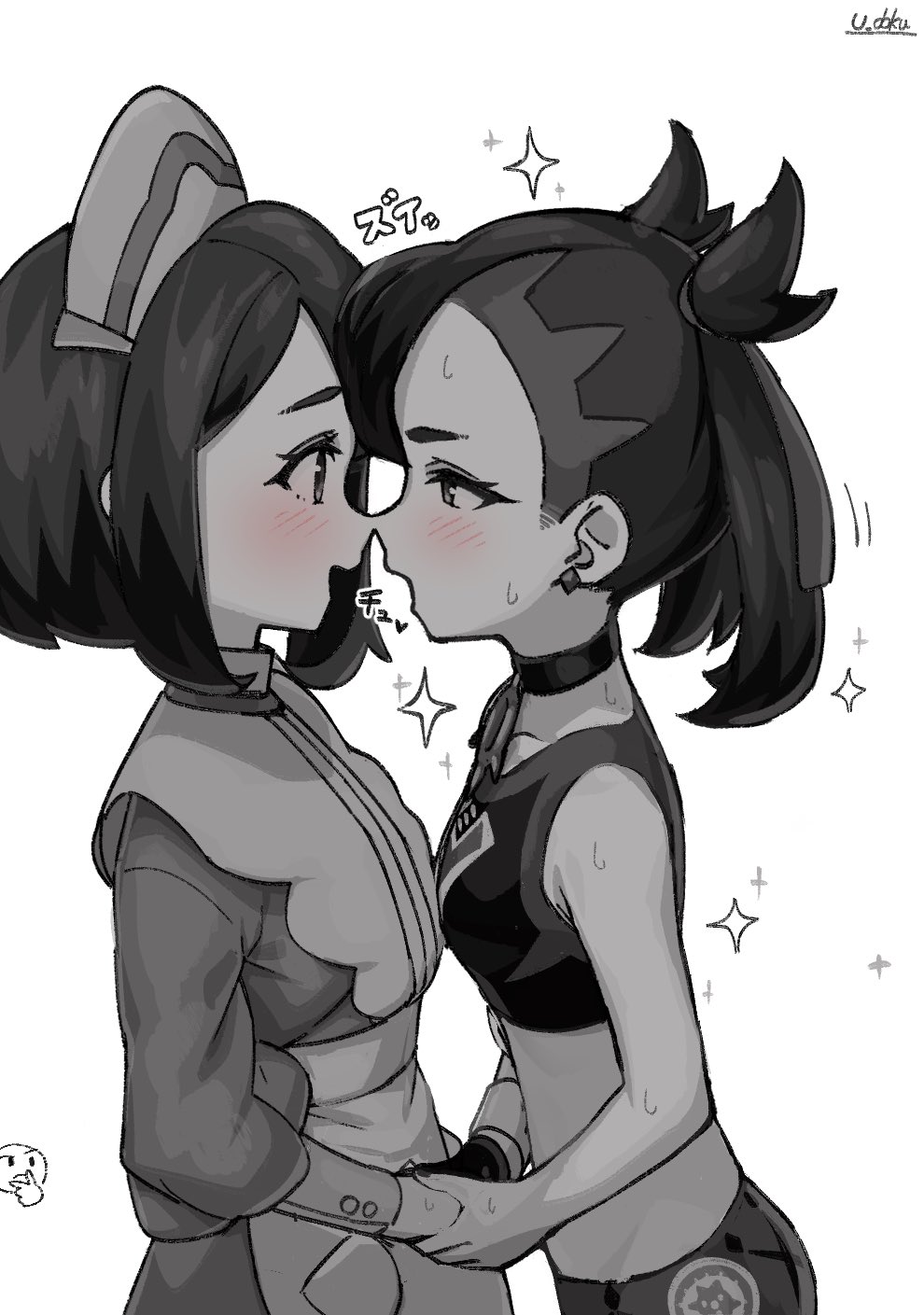 2girls, asymmetrical_bangs, bangs, black_choker, blush, breasts, choker, collarbone