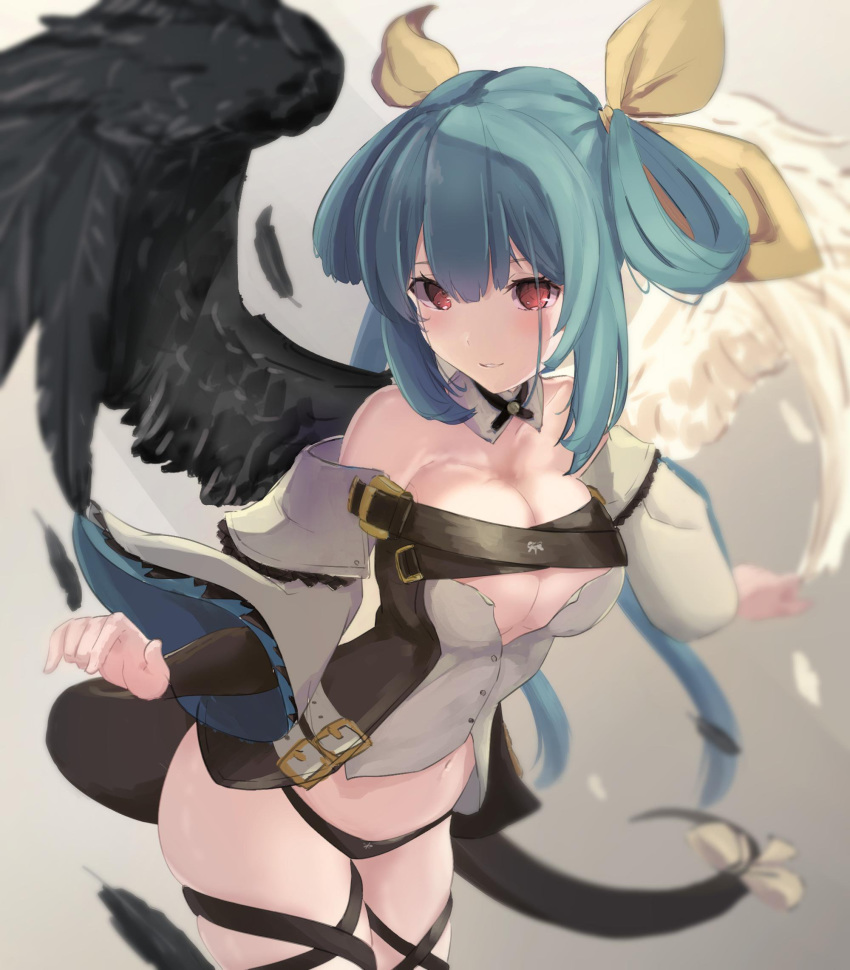 1girl, asymmetrical_wings, bangs, belt, black_legwear, black_panties, blue_hair, breasts, choker, collarbone, detached_sleeves, dizzy_(guilty_gear), feathers, guilty_gear, guilty_gear_xrd, hair_between_eyes, hair_ribbon, hair_rings, haritaroxyx, highres, large_breasts, long_hair, midriff, monster_girl, navel, panties, red_eyes, ribbon, smile, solo, tail, tail_ribbon, thick_thighs, thigh-highs, thigh_strap, thighs, twintails, underwear, wings