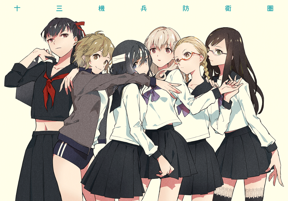 6+girls, bag, bandaged_head, bandages, black_buruma, black_hair, black_sailor_collar, black_serafuku