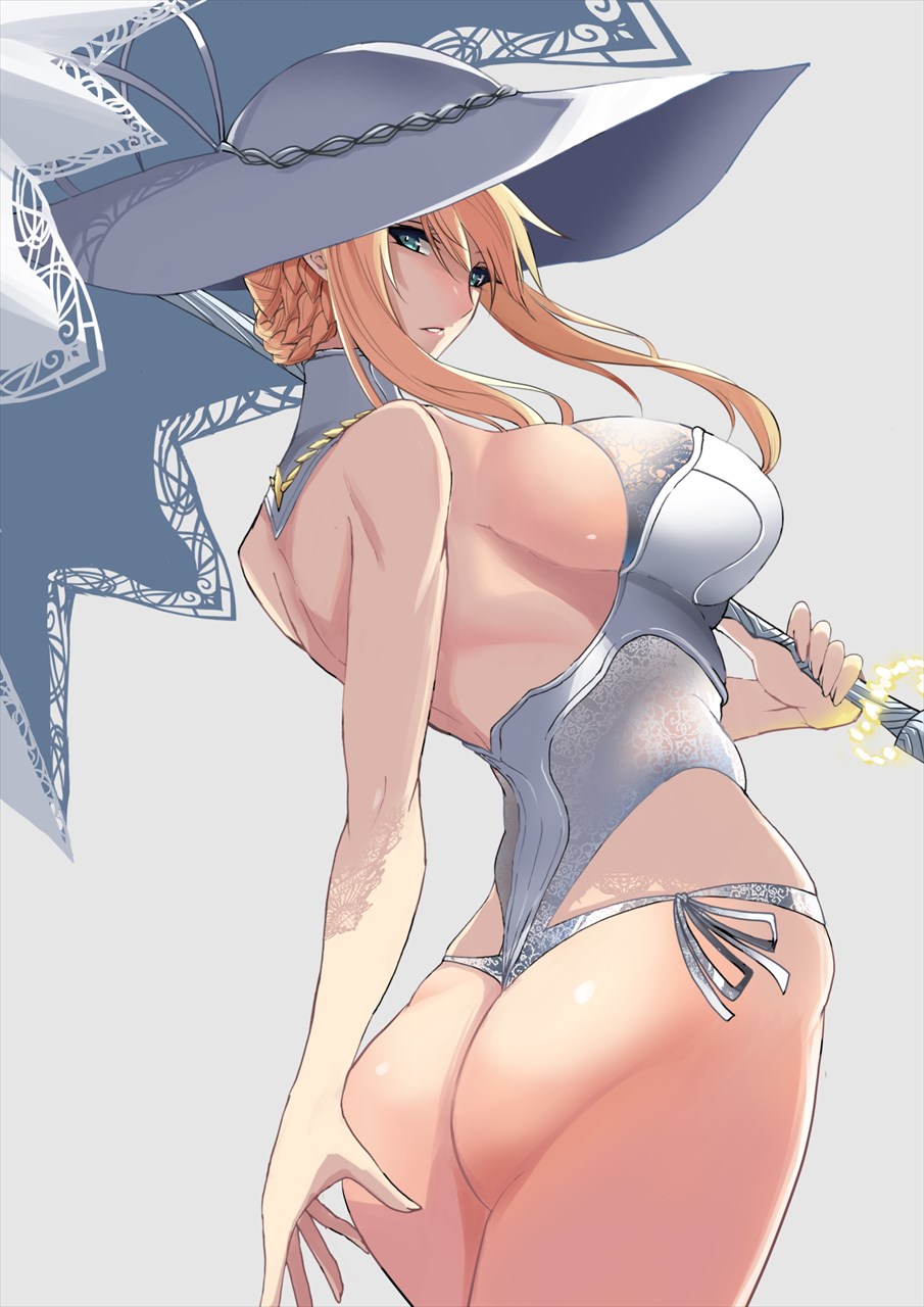 1girl, artoria_pendragon_(all), artoria_pendragon_(swimsuit_ruler)_(fate), ass, back, bangs, bare_shoulders, blonde_hair, braid, breasts, fate/grand_order, fate_(series), french_braid, green_eyes, hat, highleg, highleg_swimsuit, highres, kawabata_yoshiro, large_breasts, long_hair, looking_at_viewer, looking_back, one-piece_swimsuit, parasol, parted_lips, sidelocks, sky, sun_hat, swimsuit, thighs, umbrella, white_headwear, white_swimsuit