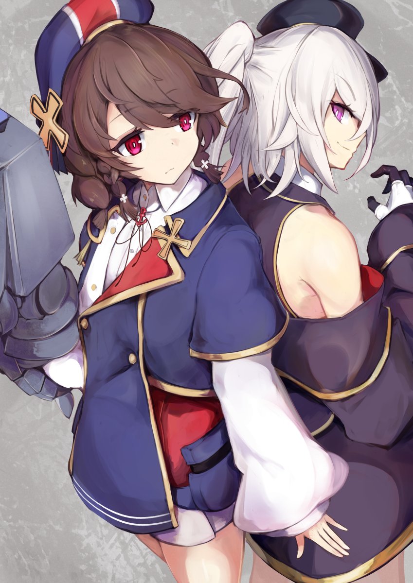2girls, azur_lane, brown_hair, gloves, hat, highres, iron_cross, marshall_k