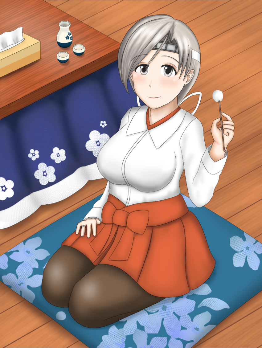 alcohol, blouse, chibiosaka, chitose_(kantai_collection), grey_eyes, grey_hair, hair_ribbon, hakama_skirt