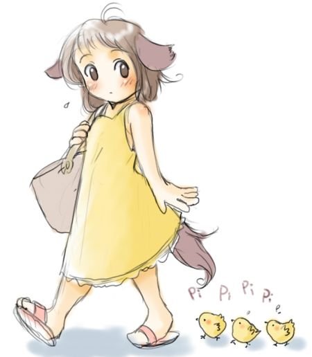 bag, bird, blush, brown_eyes, brown_hair, chick, chicks, dog_ears, dog_tail, dress, setouchi_kurage, short_hair, tail, walking