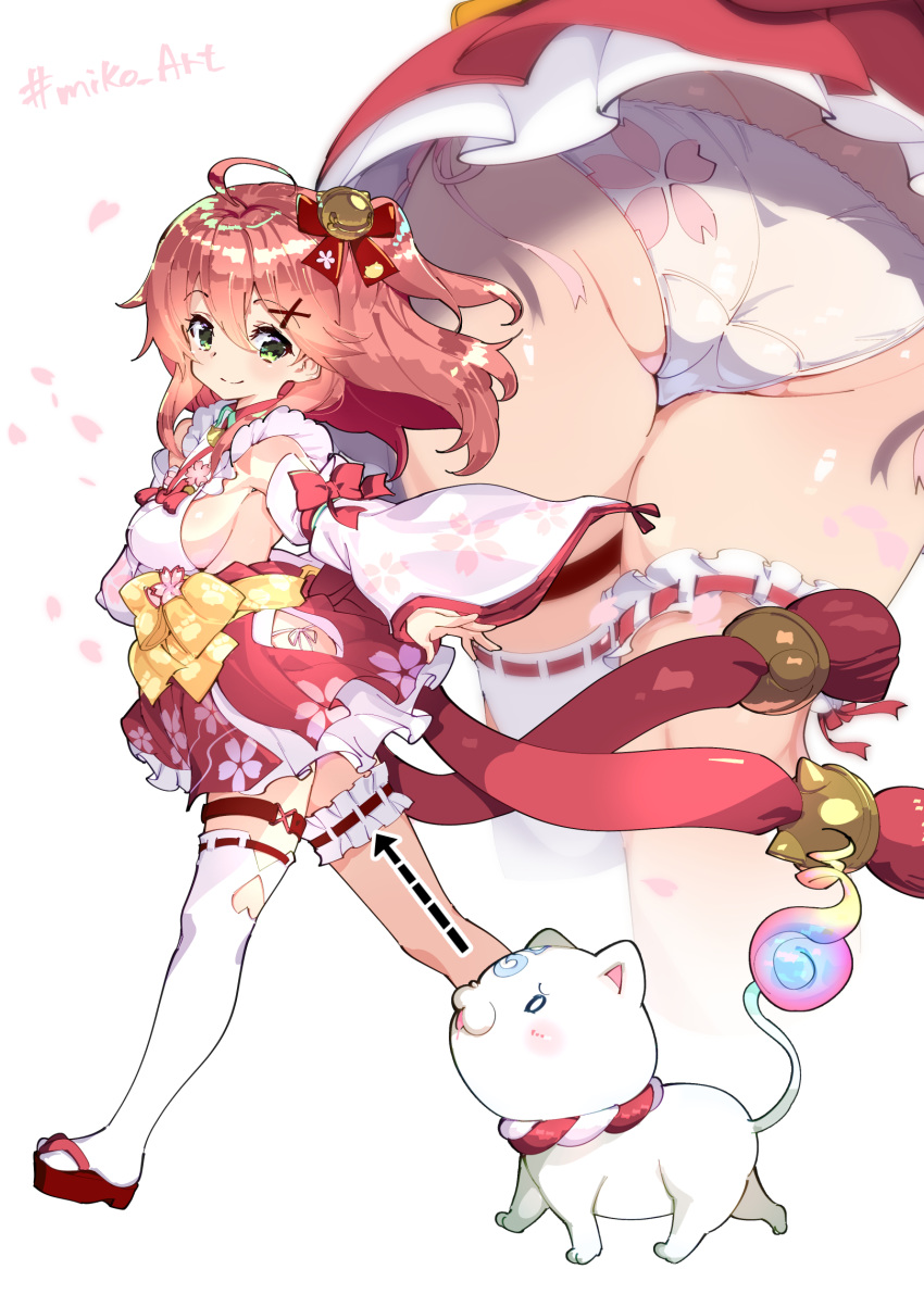 1girl, 35p_(miko_channel), ahoge, armpits, arrow_(symbol), ass, bare_shoulders, bell