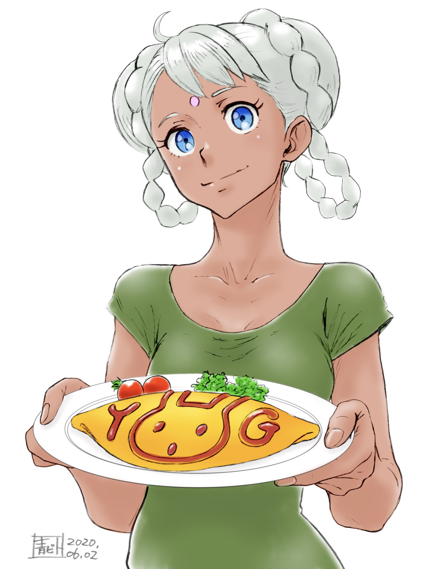 1girl, absurdres, aobito_sukayaka_bystander, bangs, blue_eyes, braid, braided_bun, dark_skin, dated, double_bun, facial_mark, food, forehead_mark, green_shirt, gundam, gundam_g_no_reconguista, hair_rings, highres, looking_at_viewer, omurice, raraiya_monday, shirt, short_hair, silver_hair, simple_background, solo, standing, swept_bangs, upper_body, white_background