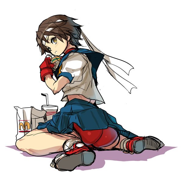 ass, back, bag, bandana, black_hair, blush, brown_eyes, brown_hair