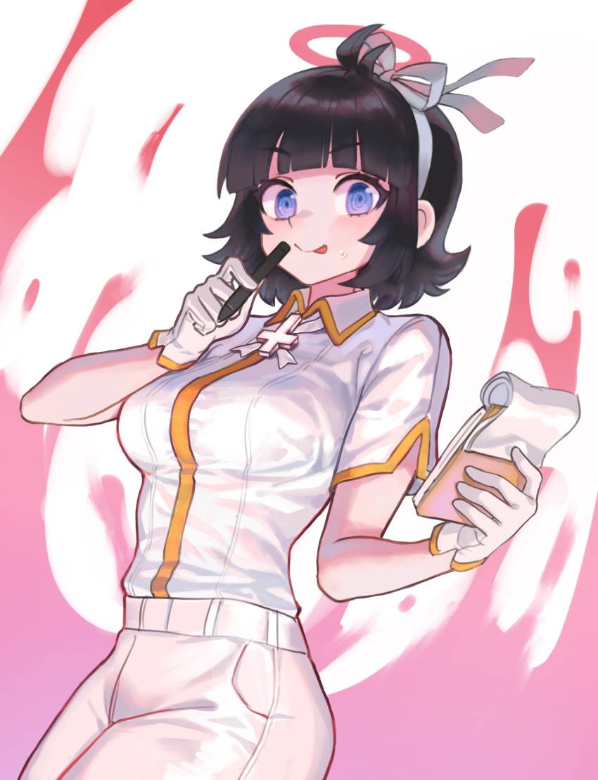1girl, azazel_(helltaker), bangs, black_hair, blue_eyes, blunt_bangs, blush, breasts