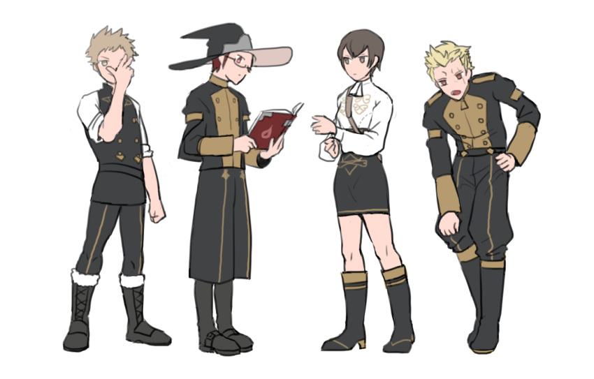 blonde_hair, book, boots, brown_eyes, brown_hair, dobinnim, fire_emblem, fire_emblem:_three_houses, fire_emblem_awakening, garreg_mach_monastery_uniform, glasses, hat, holding, holding_book, looking_at_viewer, open_book, reading, redhead, short_hair, skirt, wizard_hat