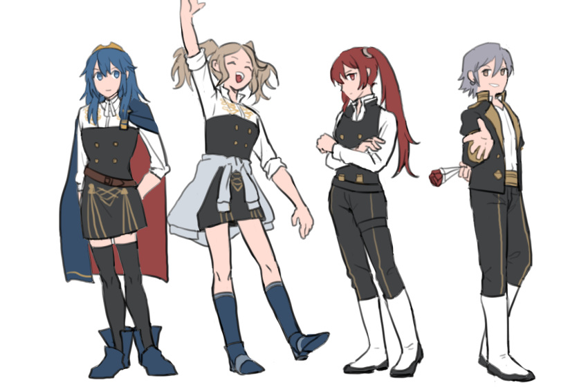 1boy, 3girls, arm_behind_back, arm_up, blue_eyes, blue_hair, brown_eyes, brown_hair, cape, closed_eyes, crossed_arms, cynthia_(fire_emblem), dobinnim, felix_hugo_fraldarius, fire_emblem, fire_emblem:_three_houses, fire_emblem_awakening, garreg_mach_monastery_uniform, grey_hair, hilda_valentine_goneril, inigo_(fire_emblem), jacket, leonie_pinelli, long_hair, looking_at_viewer, lucina, lucina_(fire_emblem), medium_hair, multiple_girls, open_clothes, open_jacket, open_mouth, red_eyes, redhead, severa_(fire_emblem), skirt, standing, standing_on_one_leg, sylvain_jose_gautier, thigh-highs, twintails, white_background
