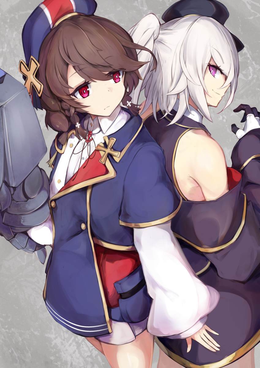 2girls, azur_lane, back-to-back, bangs, bare_shoulders, beret, black_jacket, black_ribbon