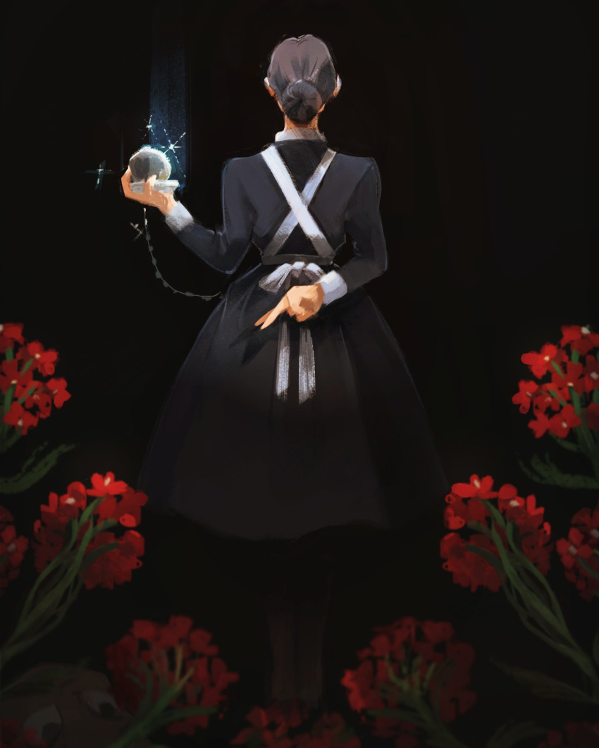 1girl, apron, arm_behind_back, birdfrogdraws, black_background, black_clothes, black_dress, black_hair