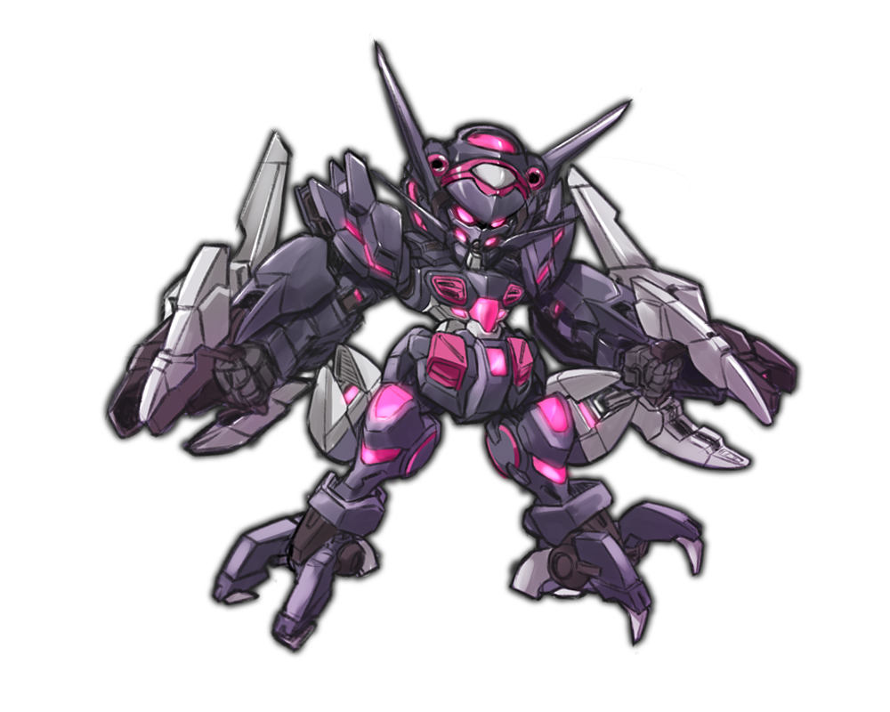 chibi, clenched_hands, dark_persona, extra_eyes, g-else, gundam, gundam_build_divers, gundam_build_divers_break, kubotami, looking_down, mecha, no_humans, pink_eyes, solo, white_background