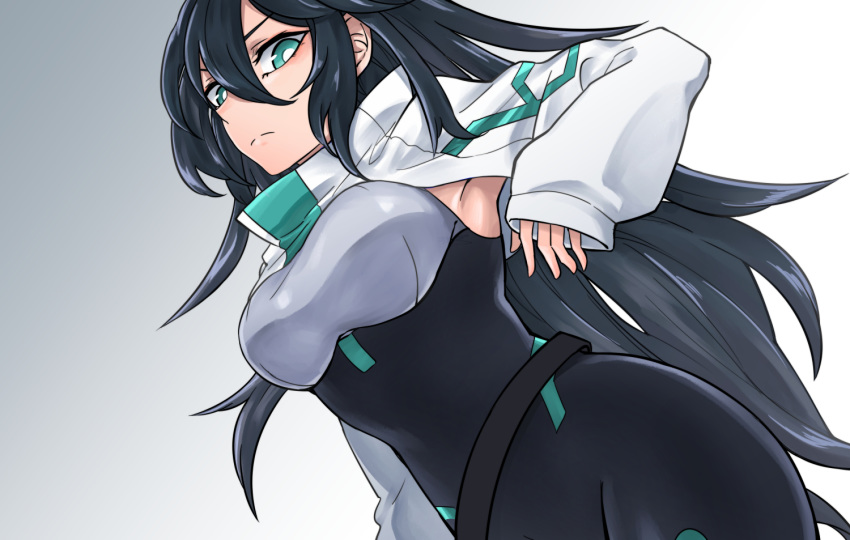 1girl, armpit_peek, armpits, belt, black_belt, black_bodysuit, black_hair, bodysuit, bright_pupils, green_eyes, gundam, gundam_build_divers, gundam_build_divers_re:rise, hair_between_eyes, long_hair, looking_down, may_(gundam_build_divers_re:rise), shrug_(clothing), sin_seishun, skin_tight, sleeve_cuffs, solo, white_pupils