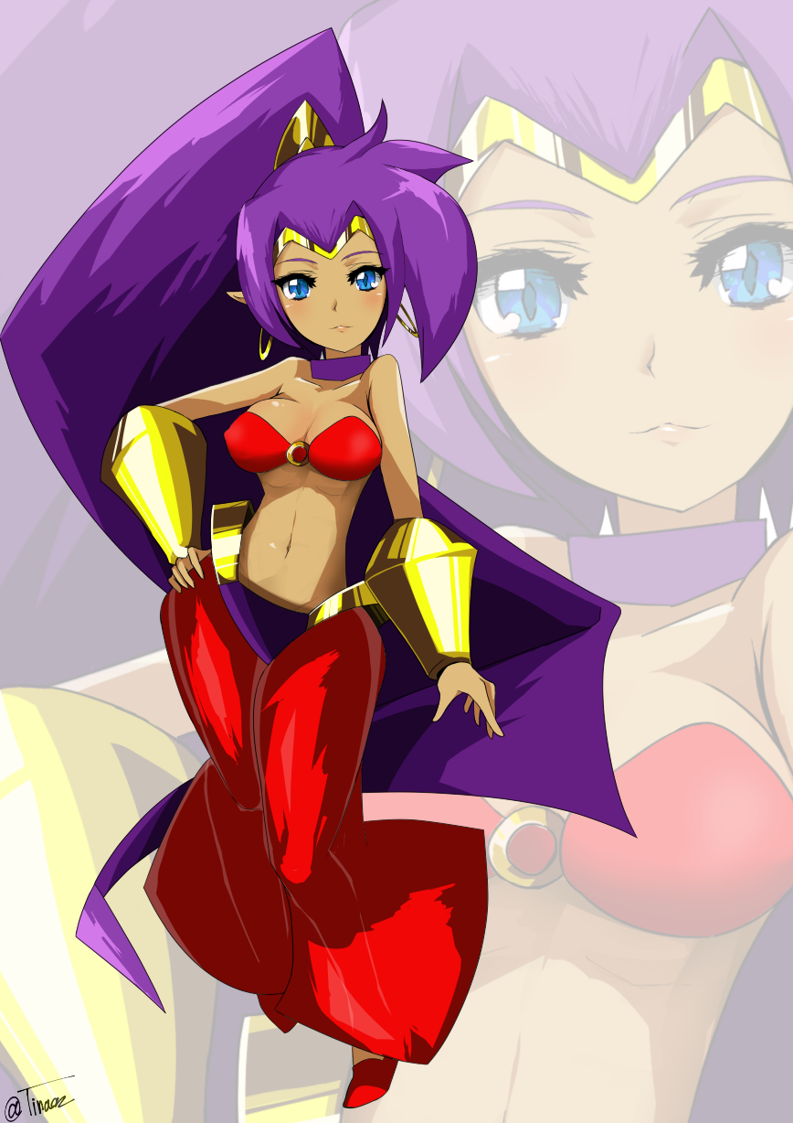 1girl, blue_eyes, dark_skin, gauntlets, genie, hand_on_hip, harem_pants, highres, long_hair, looking_at_viewer, multiple_views, navel, open_hand, pants, pointy_ears, ponytail, purple_hair, shantae_(character), shantae_(series), signature, solo, tan, tied_hair, tina_orz, very_long_hair