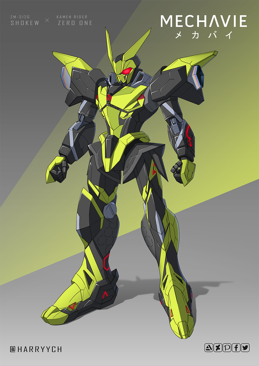 artist_name, character_name, clenched_hands, crossover, fusion, glowing, glowing_eyes, gundam, harryych, highres, kamen_rider, kamen_rider_01_(series), kamen_rider_zero-one, mecha, red_eyes, robot, shokew, standing, victory_gundam, zanscare