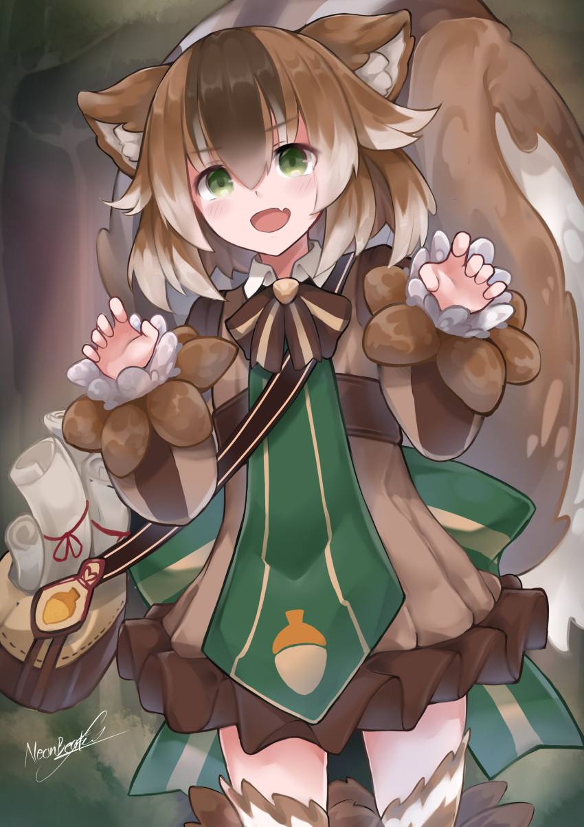 1girl, :d, absurdres, acorn, animal_ears, bag, bangs, blush