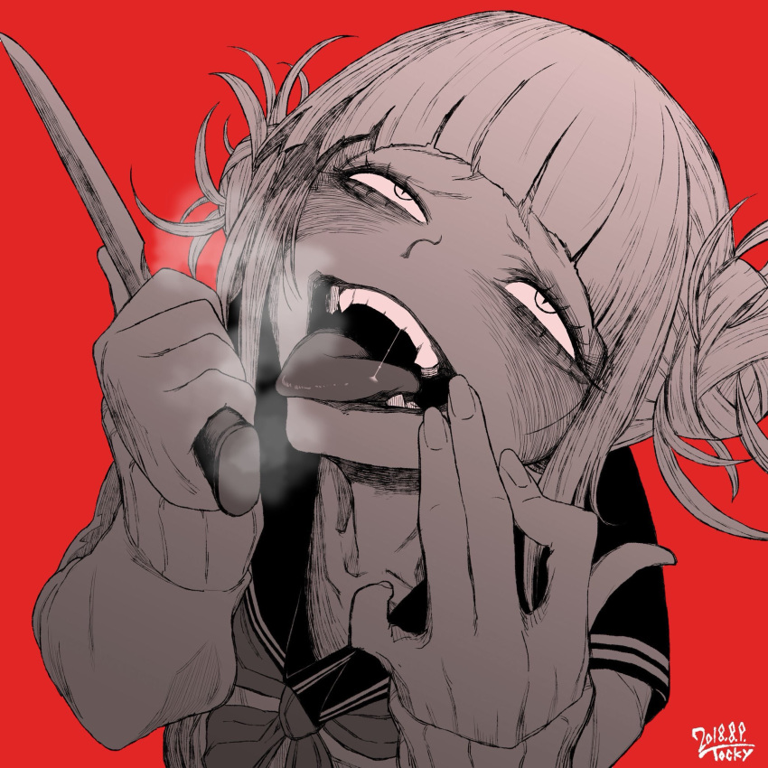 1girl, :d, bangs, blunt_bangs, boku_no_hero_academia, bow, bowtie, breath