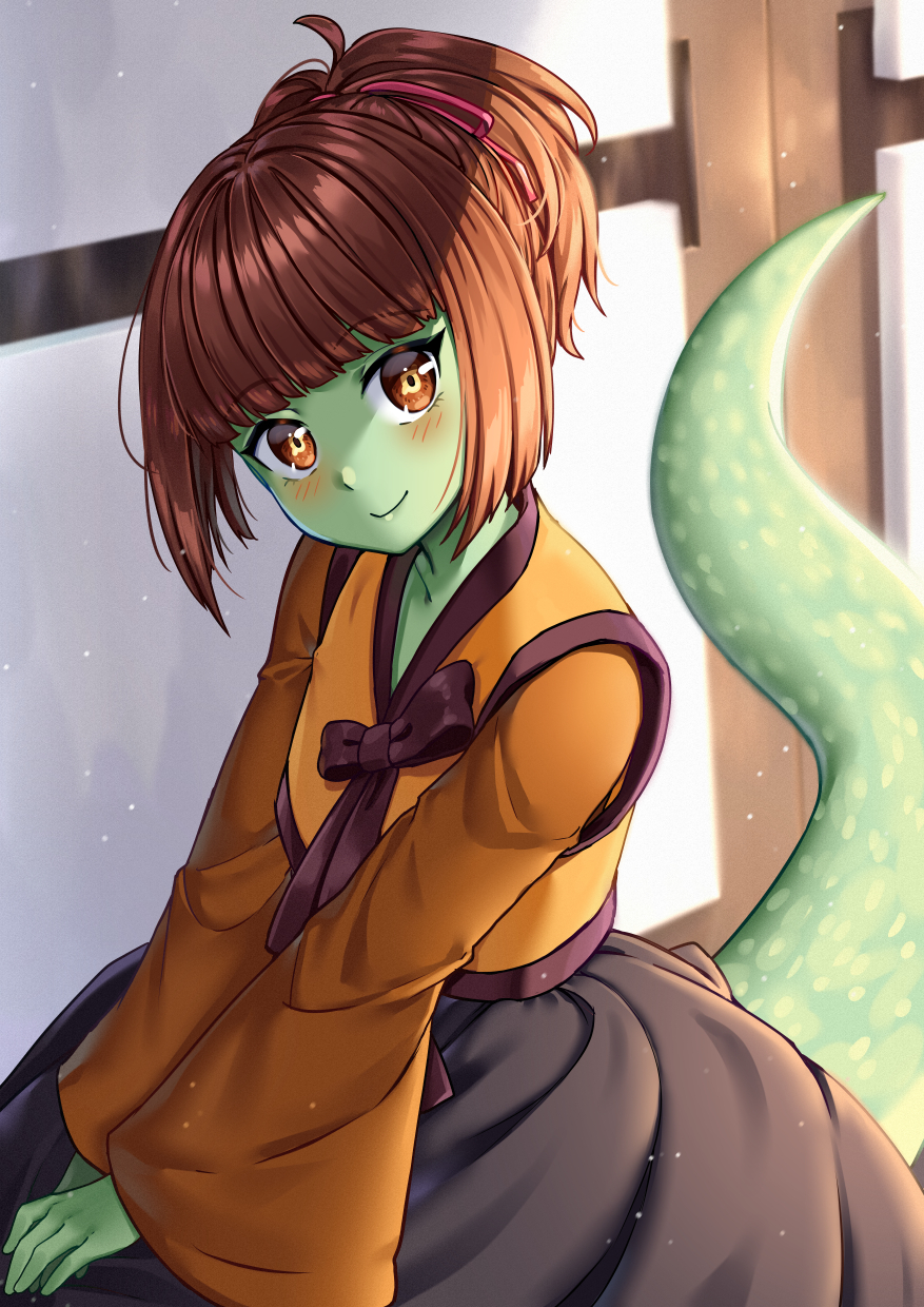 1girl, anaak_jahad, black_skirt, blush, brown_eyes, english_commentary, green_skin, hair_ribbon, highres, indoors, long_sleeves, looking_at_viewer, monster_girl, pattiko, pink_ribbon, ribbon, short_hair, sitting, skirt, tail, tower_of_god, wide_sleeves