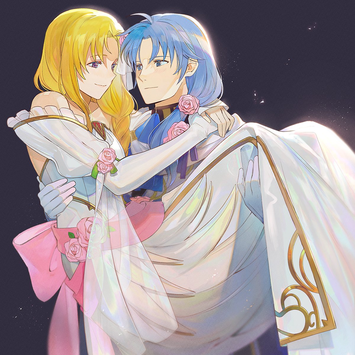 1boy, 1girl, blonde_hair, blue_eyes, braid, bridal_gauntlets, bridal_veil, bride