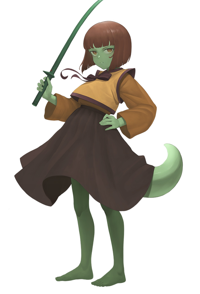 1girl, anaak_jahad, bangs, barefoot, blunt_bangs, brown_eyes, brown_hair, djjj5322, full_body, green_skin, hand_on_hip, holding, holding_sword, holding_weapon, long_sleeves, monster_girl, short_hair, simple_background, solo, standing, sword, tail, tower_of_god, weapon, white_background