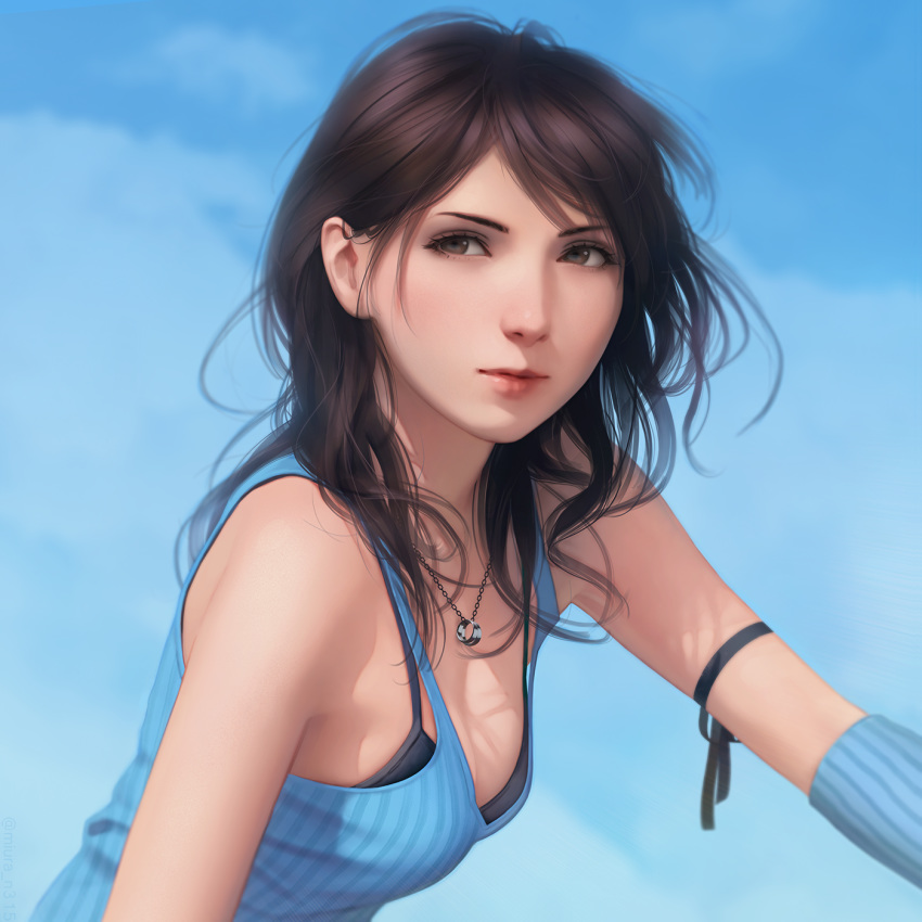 1girl, arm_ribbon, bangs, black_hair, black_ribbon, blue_sky, breasts, brown_eyes