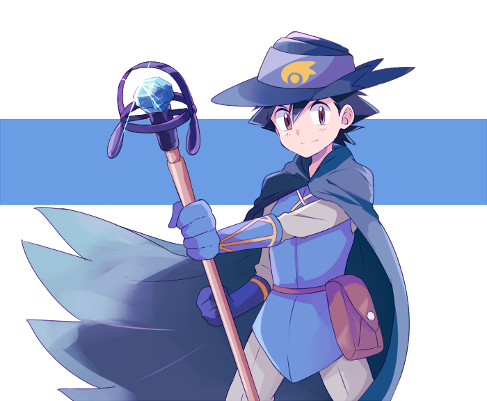 1boy, alternate_costume, arlon_(pokemon), arlon_(pokemon)_(cosplay), bag, brown_eyes, cape, cosplay