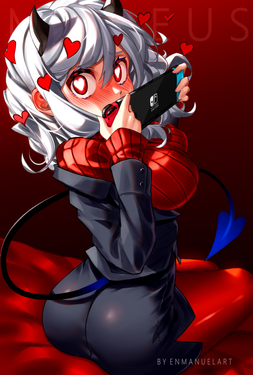 1girl, absurdres, ass, bangs, bed, black_horns, black_miniskirt, black_suit