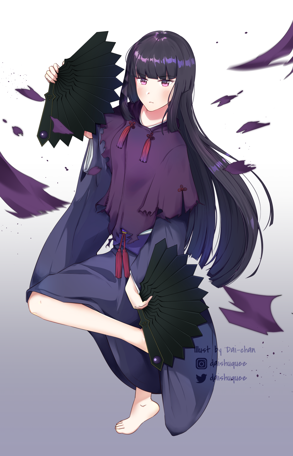 black_hair, blue_kimono, cloak, closed_mouth, daishuquee, fan, feet, glass_(tate_no_yuusha_no_nariagari)