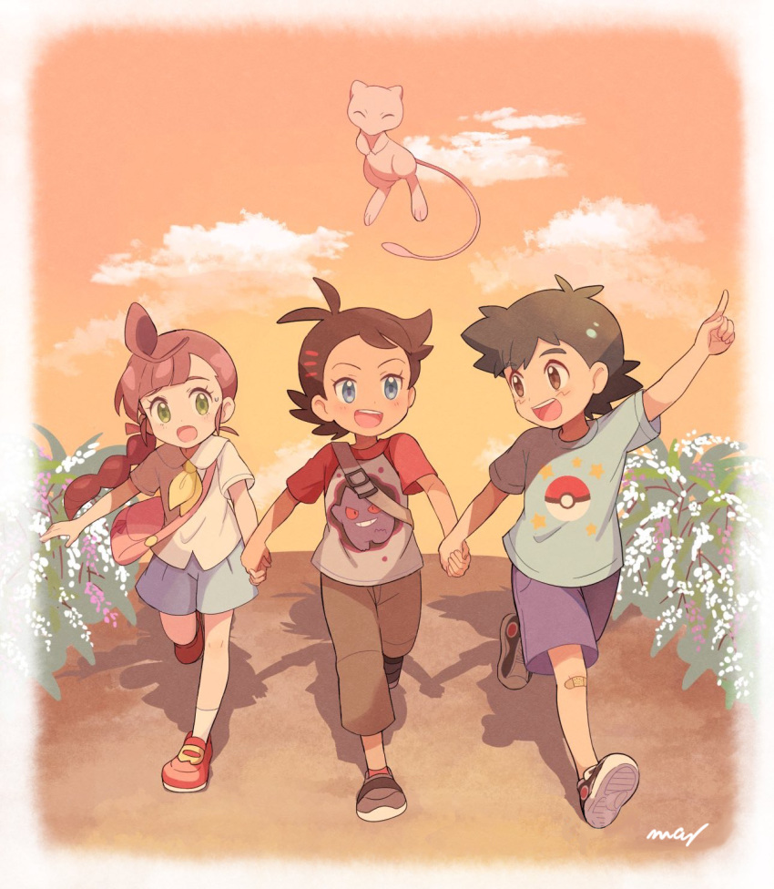 1girl, 2boys, :d, arm_up, bag, black_footwear, black_hair, blue_eyes