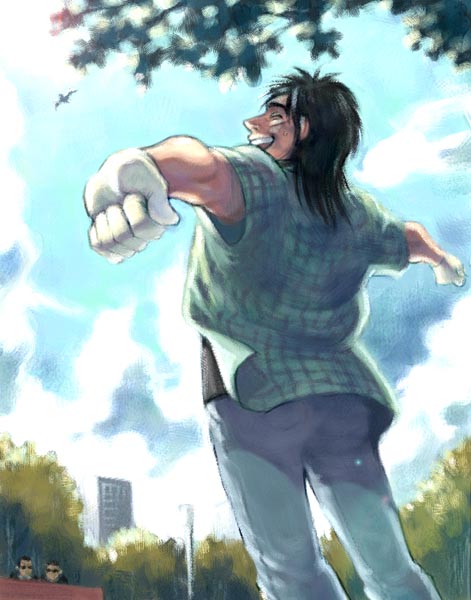 gloves, itou_kaiji, jeans, kaiji, kitano, male, outdoors, sky, stretch, underdog_side-k