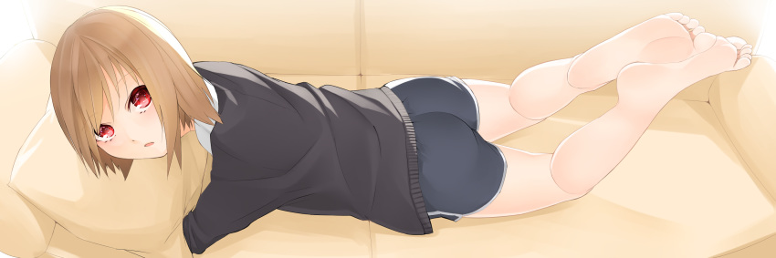 1girl, anklet, bare_legs, barefoot, brown_hair, couch, feet, feet_up