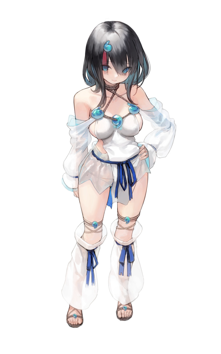 1girl, absurdres, bangs, bare_shoulders, black_hair, blue_eyes, blue_ribbon, blush
