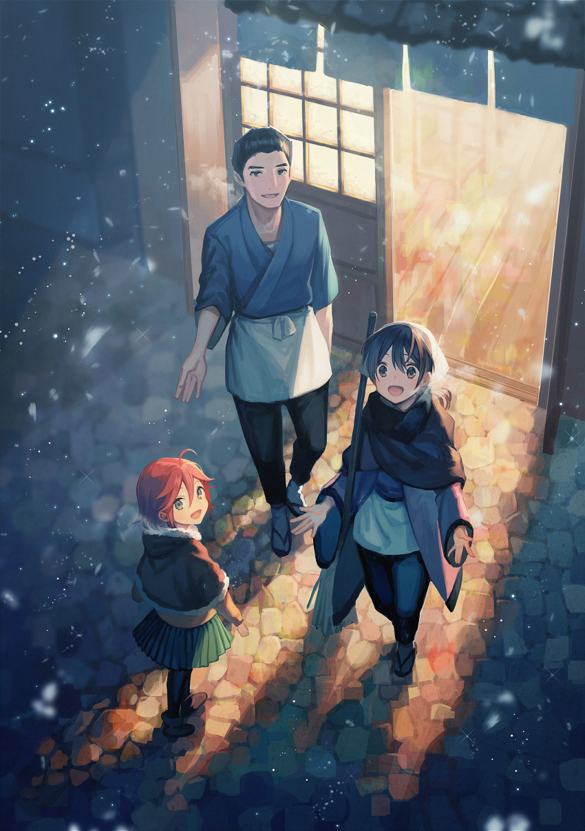 1boy, 2girls, ahoge, apron, backlighting, black_hair, broom, brown_eyes