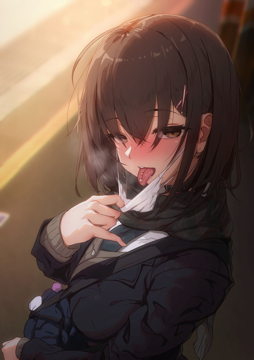 1girl, absurdres, aya_shobon, bag, bangs, black_choker, black_jacket, breasts