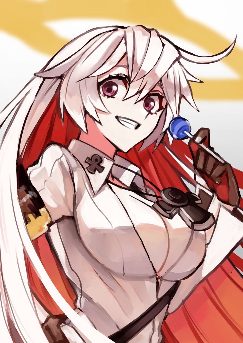 1girl, absurdres, ankh, ankh_necklace, bangs, breasts, candy, food