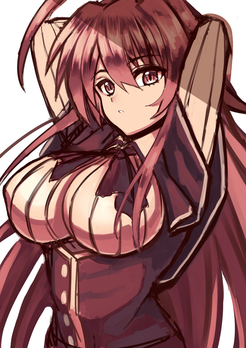 1girl, absurdres, ahoge, arms_up, bangs, black_ribbon, breasts, capelet