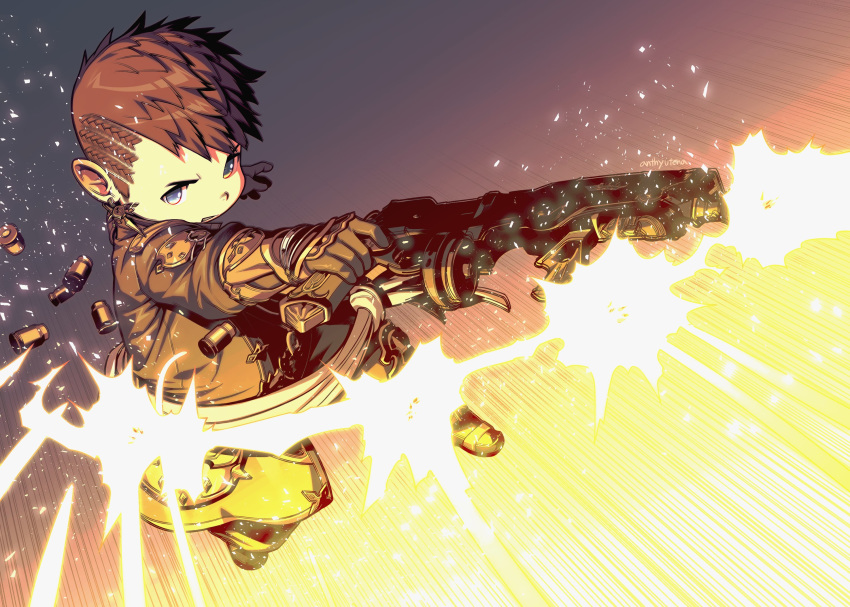 1boy, action, child, final_fantasy, final_fantasy_xiv, firing, gloves, gun