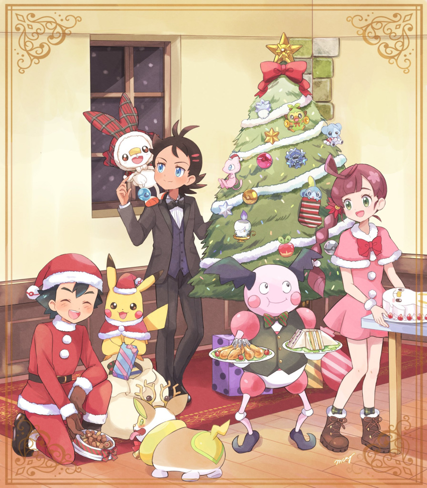 1girl, 2boys, :d, antlers, applin, black_bow, black_footwear, black_hair