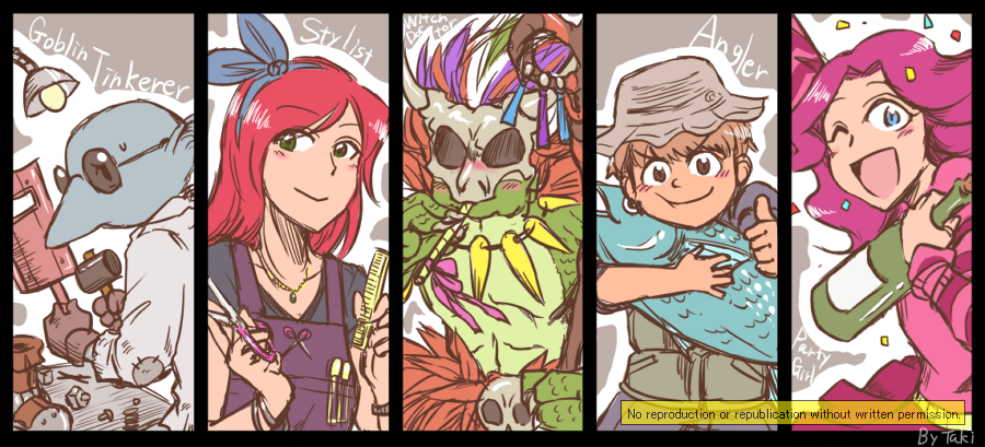 angler, angler_(terraria), blowgun, blue_eyes, bottle, brown_eyes, brown_hair, comb, fish, goblin, goblin_tinkerer, lamp, lihzahrd, party_girl_(terraria), pink_hair, scissors, stylist_(terraria), tagme, taki, terraria, witch_doctor, witch_doctor_(terraria)