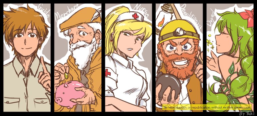 bomb, demolitionist_(terraria), dryad_(terraria), guide_(terraria), merchant_(terraria), nurse_(terraria), nurse_cap, piggy_bank