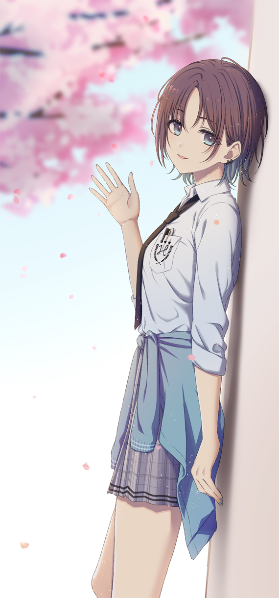 1girl, asakura_tooru, bangs, black_neckwear, blue_cardigan, blue_eyes, blurry, blurry_background