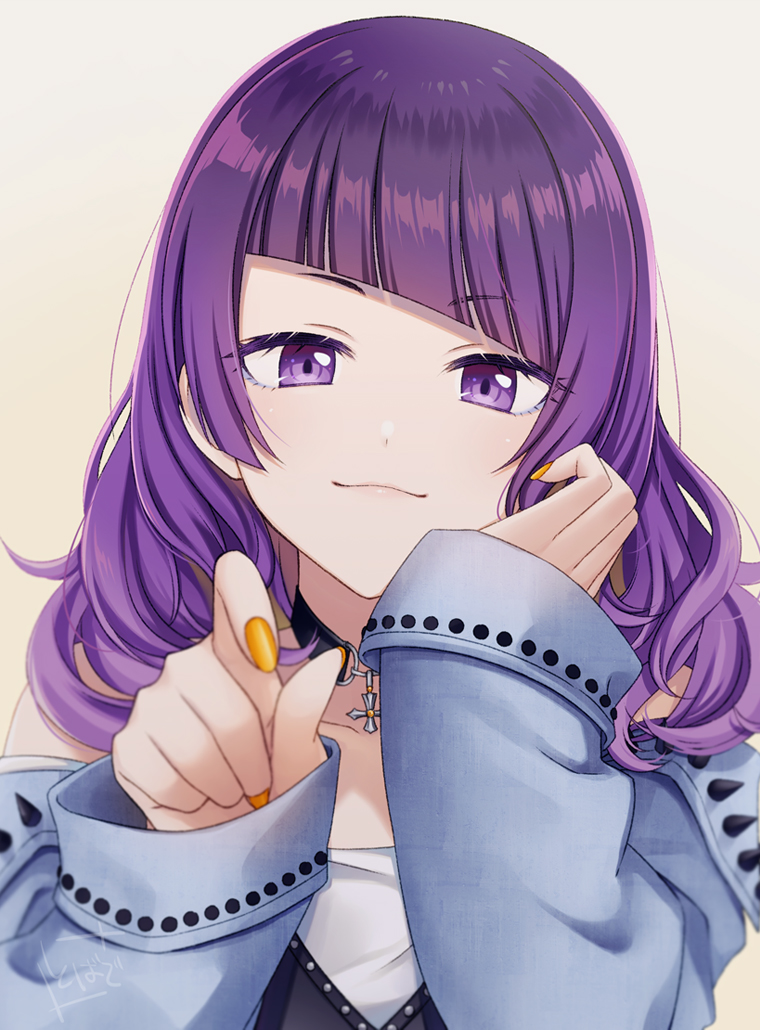 1girl, bangs, black_choker, blue_jacket, brown_background, choker, closed_mouth, diagonal_bangs