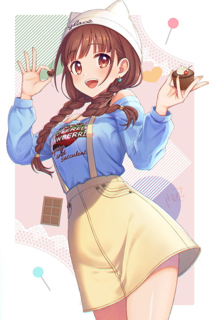 1girl, :d, animal_ears, animal_hat, bare_shoulders, beanie, blue_shirt, braid