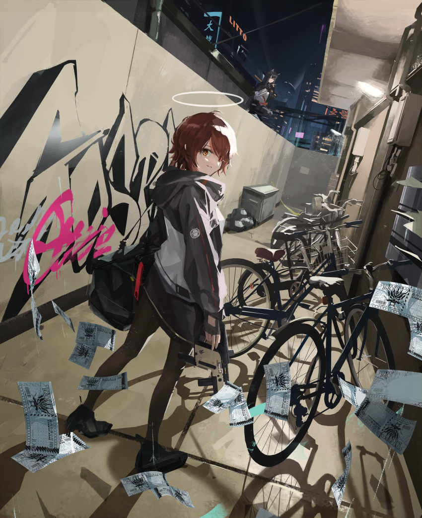 absurdres, arknights, bag, bicycle, black_legwear, brown_hair, building, character_name