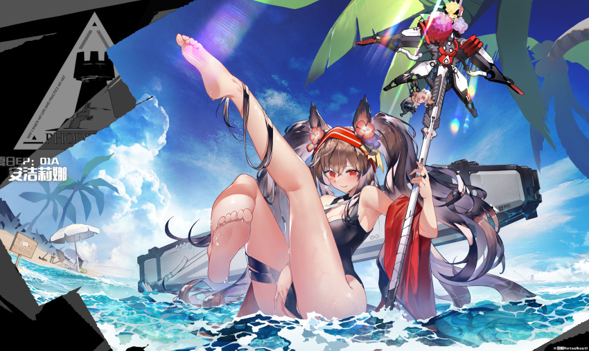 1girl, absurdres, angelina_(arknights), animal_ears, arknights, bare_legs, barefoot, beach